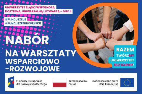 Grafika przedstawia zestawienie logotypu Funduszy Europejskich dla Rozwoju Społecznego oraz flag Rzeczpospolitej Polskiej i Unii Europejskiej. W ramce znajduje się zdjęcie prezentujące dłonie złączone w geście wsparcia. 